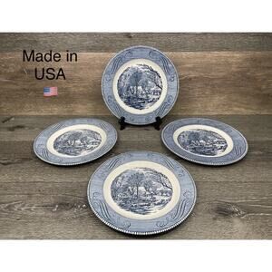 Currier & Ives "Old Grist Mill" Dinner Plates 10" Royal China Made in USA~ 4 Pc